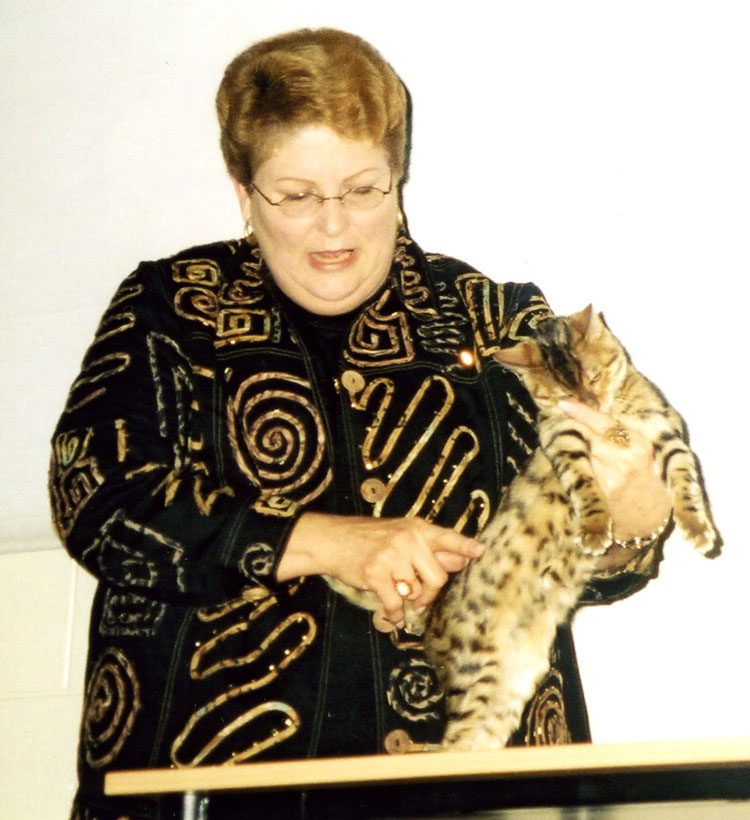 Mrs. Kay de Vilbiss pointing out some of the characteristics of a Bengal's coat pattern