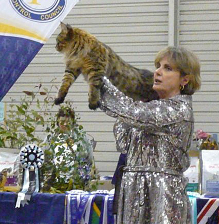 Pam DelaBar holds up the overall Best Cat in Show.